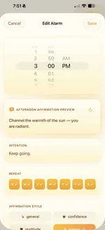 Sunvior Edit Alarm screen showing time picker and morning routine setups