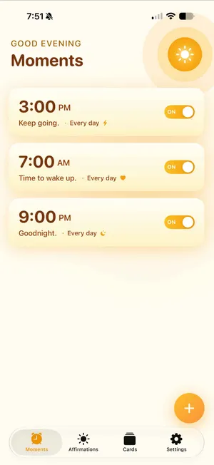 Sunvior app screenshot showing a clean and modern interface with spacious alarm cards, clear controls, and native iOS navigation.