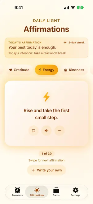 Sunvior Affirmations screen showing today’s affirmation, a streak, today’s intention, and the Energy category