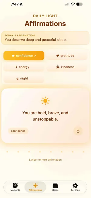 Sunvior Affirmations screen with daily light categories and a confidence affirmation