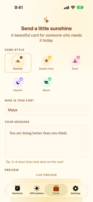 Sunvior Cards screen with a card for Maya reading “You are doing better than you think.”